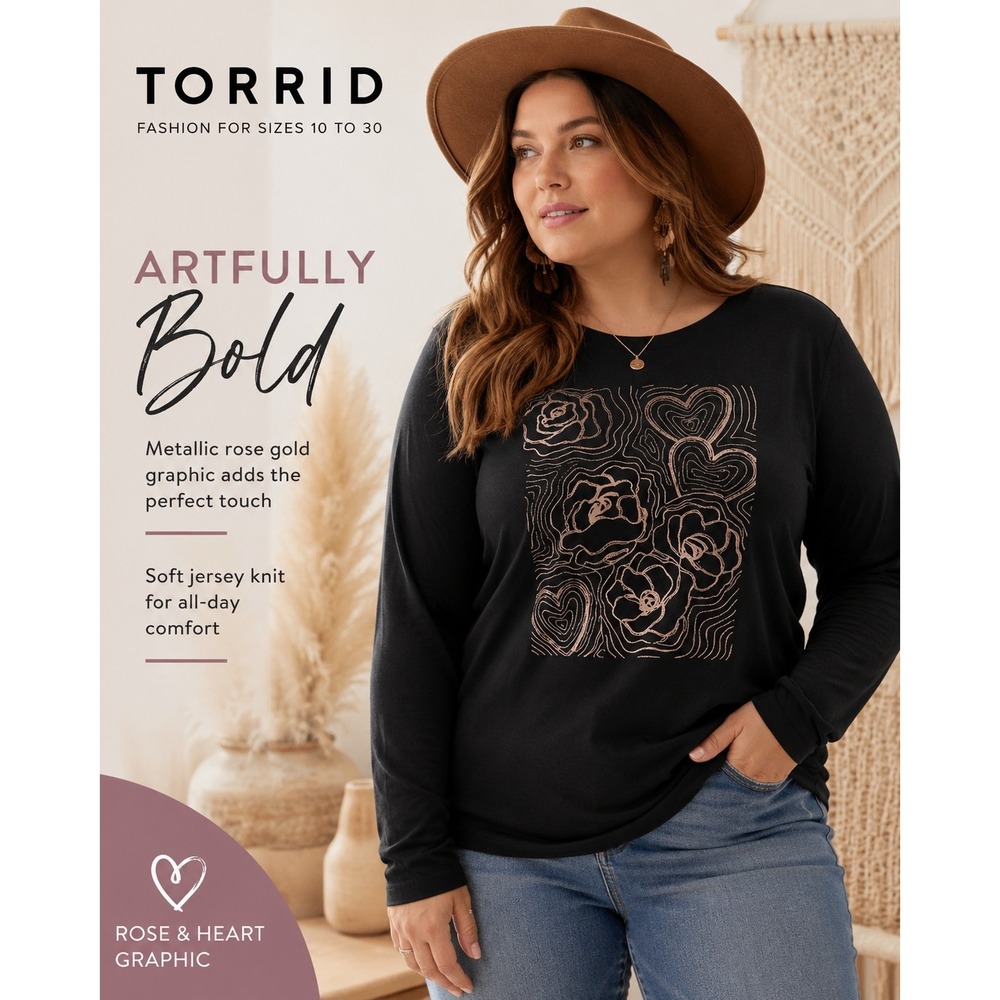 NEW Torrid Black Long Sleeve Jersey Top Rose Heart Graphic Size 5